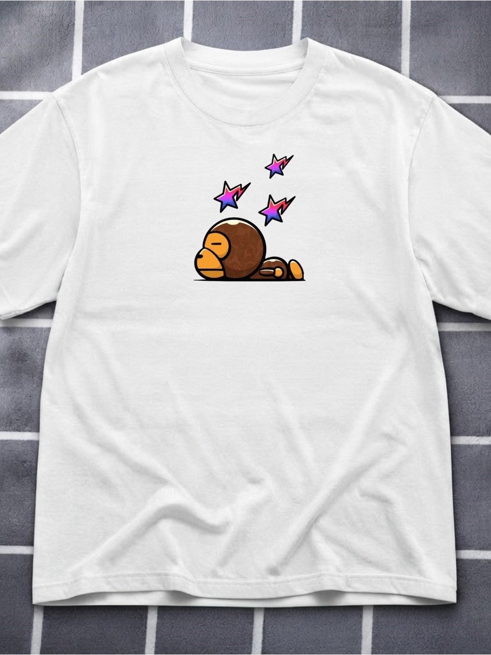 Gildan White Tee with Cute Sleeping Monkey Graphic